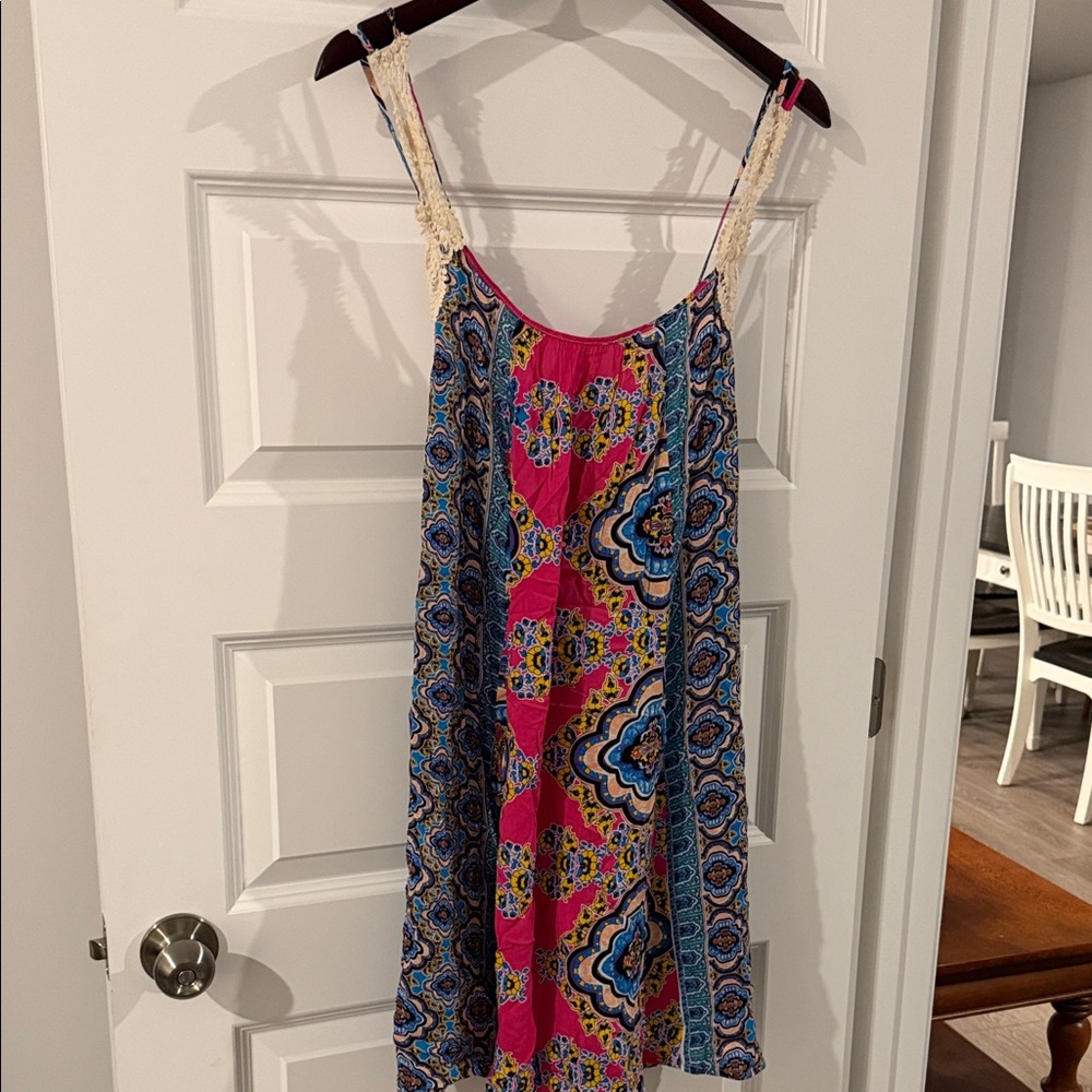 Umgee Bohemian Pink Blue Yellow Patterned Lace Trim Sundress Criss Cross